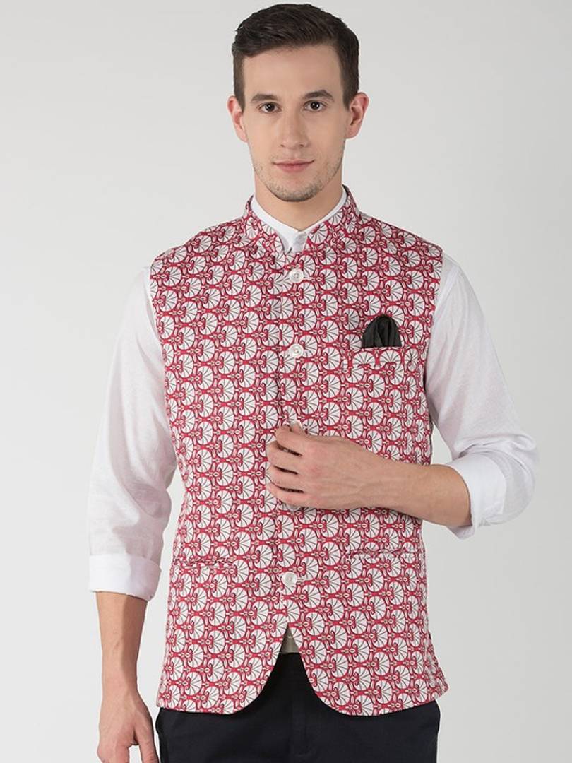 Men's Red Viscose
 Printed Nehru Jackets